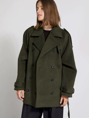 Oversized green double-breasted coat with a relaxed fit, featuring large buttons and a stylish collar, by MEOTINE.