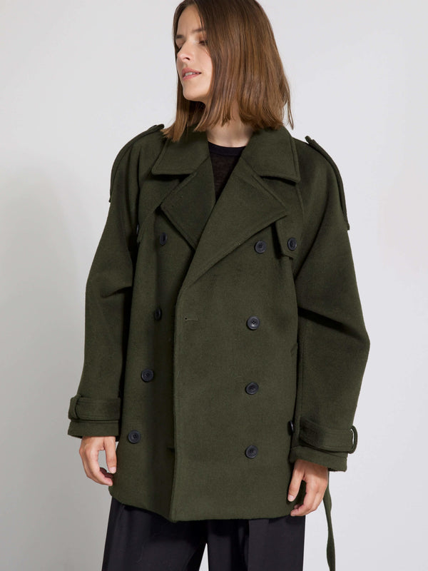 Oversized green double-breasted coat with a relaxed fit, featuring large buttons and a stylish collar, by MEOTINE.