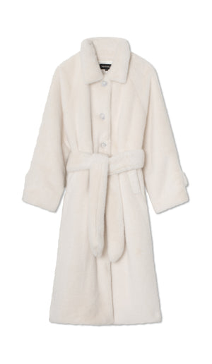Cozy white faux fur robe with a belted waist and button closure, perfect for lounging at home. MEOTINE offers stylish comfort.