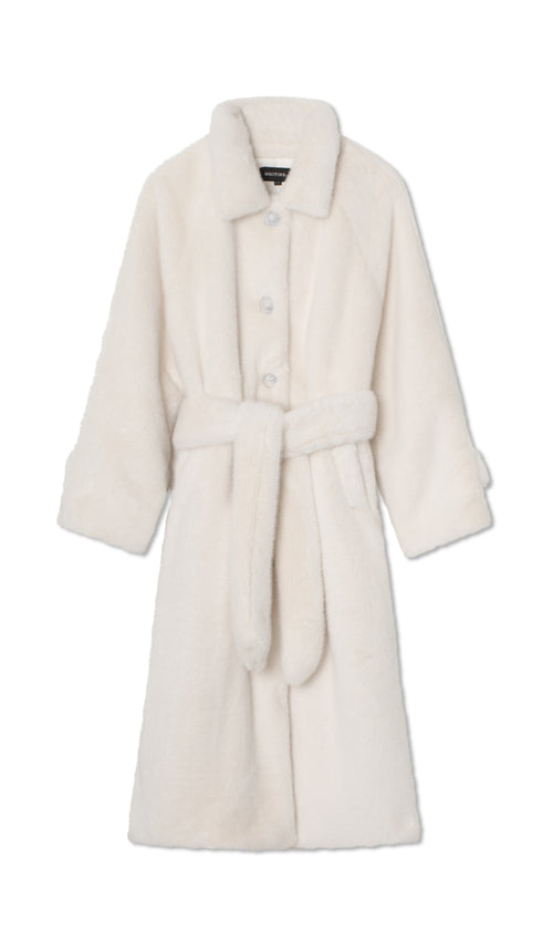 Cozy white faux fur robe with a belted waist and button closure, perfect for lounging at home. MEOTINE offers stylish comfort.