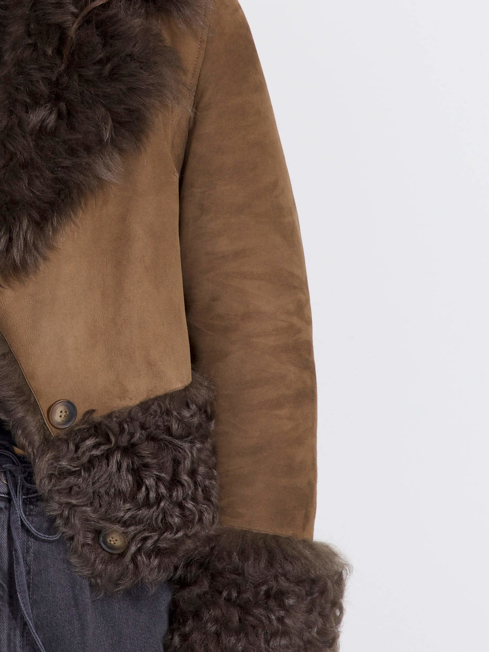 Brown suede jacket with a fluffy fur collar and cuffs, featuring a stylish, cropped design. Perfect for a chic, cozy look by MEOTINE.